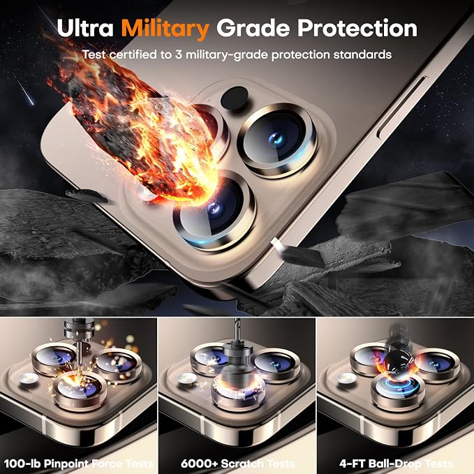 Camera Lens Protector for iPhone 17 Pro Max/17 Pro/16 Pro Max/16 Pro/15 Pro Max/15 Pro/14 Pro Max/14 Pro, Tempered Glass Metal Individual Camera Cover[Anti-drop] Case Friendly-Desert Titanium