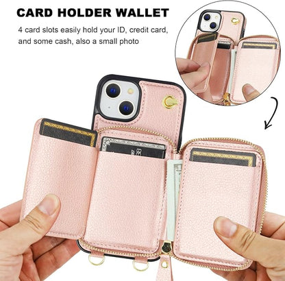 Bocasal for MagSafe Crossbody Wallet Case Compatible with iPhone 14 iPhone 13, RFID Blocking Protective Purse Case with Card Slots Holder Kickstand Wrist Strap Lanyard Zipper 6.1 Inch 5G (Rose Gold)