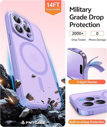 FNTCASE for iPhone 14 Pro Case: [Compatible with Magsafe] Translucent Matte Cases with [Full Camera Protection] [Screen Protector] Military Grade Shockproof Protective Phone Cover - Light Purple
