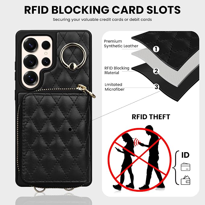 Keallce Case for Samsung Galaxy S25 Ultra 6.9'' Wallet Case,Crossbody Zipper Galaxy S25 Ultra Purse Wrist Strap Lanyard Handbag,RFID Blocking Card Slots,Flip Leather Cover for Samsung S25 Ultra,Black