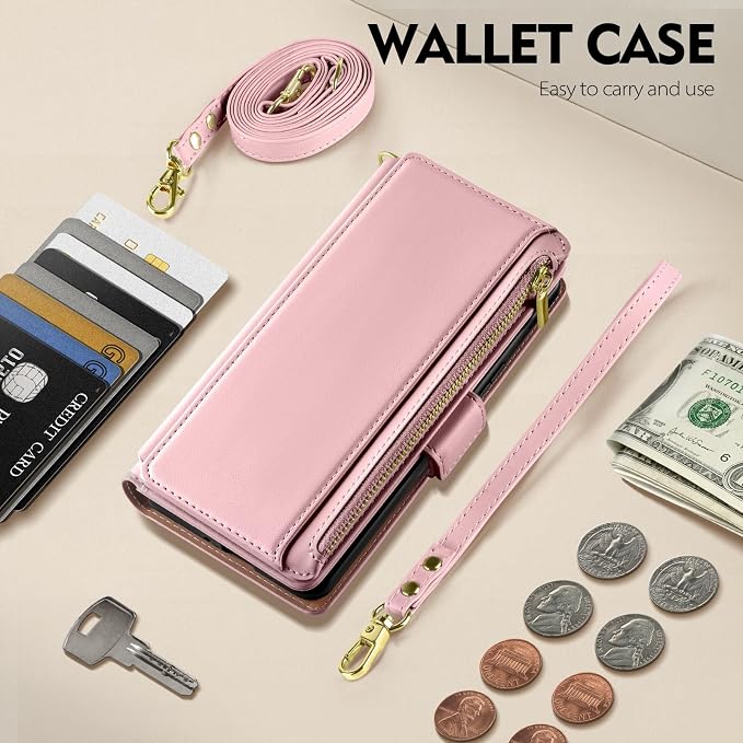 Antsturdy Compatible with iPhone 16 Plus Wallet Case,RFID Blocking PU Leather Phone Case Women Men Kickstand flip Cover Wrist Strap Zipper Credit Card Holder Slots for Apple 16 Plus 6.7",Pink