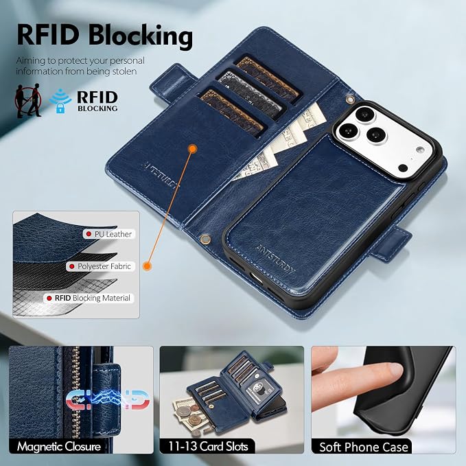 Antsturdy Compatible with Magsafe Magnetic 2 in 1 Detachable iPhone 17 Pro Wallet Case with Credit Card Holder Slots,PU Leather RFID Blocking Phone Cover Wrist Strap Zipper Women Men,Dark Blue