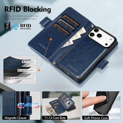 Antsturdy Compatible with Magsafe Magnetic 2 in 1 Detachable iPhone 17 Pro Wallet Case with Credit Card Holder Slots,PU Leather RFID Blocking Phone Cover Wrist Strap Zipper Women Men,Dark Blue