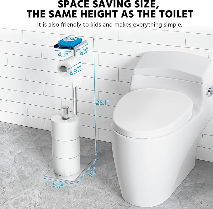 CISILY Silver Stainless Steel Toilet Paper Holder Stand with Phone Shelf, Bathroom Toliet Decor Decoration. Tissue Paper Roll Holder Free Standing Storage, Rv Accessories