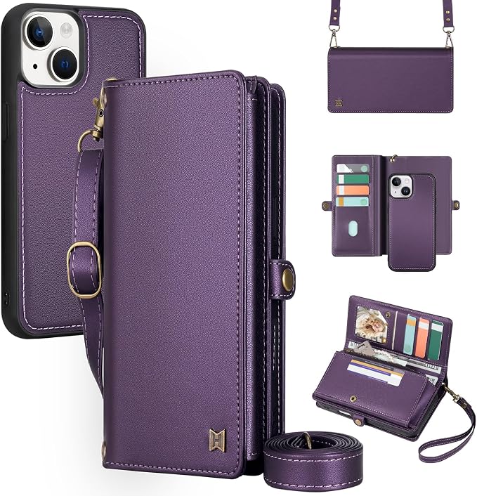 for Wallet Case Compatible with iPhone 14,Multi-Function Detachable 2 in 1 Magnetic iPhone 14 Case Wallet,Flip Strap Zipper Card Holder Phone Case with Shoulder Straps (Pruple)