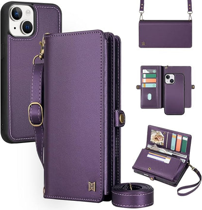 for Wallet Case Compatible with iPhone 14,Multi-Function Detachable 2 in 1 Magnetic iPhone 14 Case Wallet,Flip Strap Zipper Card Holder Phone Case with Shoulder Straps (Pruple)