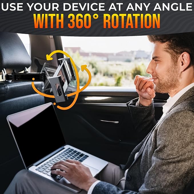 Car Headrest Tablet Holder for 5.5"-11" Devices - Tablet Headrest Mount with 360° Rotation & Charging Port Access - Quick Install & Adjustable Car Tablet Holder Сompatible with Smartphones and Tablets