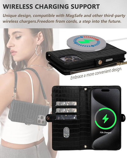 Crossbody Wallet Case for iPhone 16 Pro Max with Mirror, Wrist Strap, Zipper Purse Magnetic Flip RFID Blocking Card Holder, Wireless Charging, PU Leather Shockproof 6.9" Women (Black)