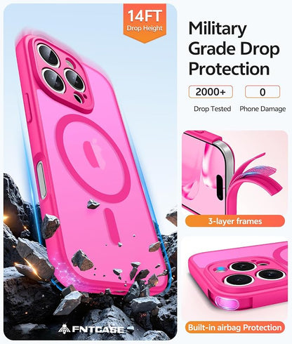FNTCASE for iPhone 16 Pro Case: [Compatible with Magsafe] Translucent Matte Magnetic Phone Cover - Military Grade Drop Protection Shockproof Protective Cases - Hot Pink