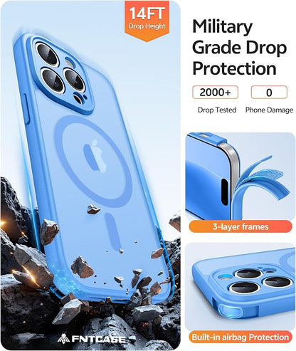 FNTCASE for iPhone 14 Pro Max Case, Fit for Magsafe, Glass Screen Protector | Full Camera Protection, Translucent Matte, 14FT Military Grade Drop Proof, Shockproof Protective Phone Cover, Ice Blue