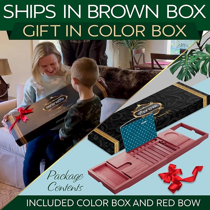 SereneLife Premium Bathtub Tray Caddy with Gift Box and Bow Set, Expandable Bath Tray, Unique House Warming Gifts for Mom, Women, Wedding, Anniversary, Bridal Shower, Fit for All Tub - Stain Brown