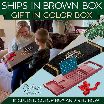 SereneLife Premium Bathtub Tray Caddy with Gift Box and Bow Set, Expandable Bath Tray, Unique House Warming Gifts for Mom, Women, Wedding, Anniversary, Bridal Shower, Fit for All Tub - Stain Brown
