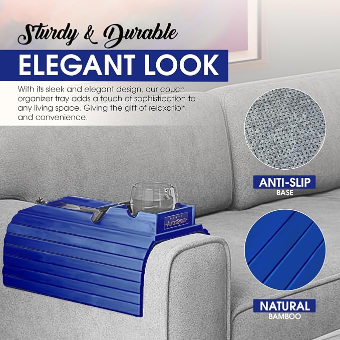 Couch Cup Holder Tray with 2 Cork Coasters, Couch Caddy, Anti-Slip Foldable Armrest Sofa Tray, Couch Armrest Table, Anti-Spill Holder for Remote, Snacks, Cellphone - Ideal Gift (Blue)
