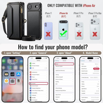 Strapurs for iPhone Air Detachable Wallet Case Compatible with Magsafe for Women, RFID Blocking 9-Card Holder Zipper Strap Lanyard PU Leather Magnetic Phone Case for iPhone 17 Air 6.5", Black
