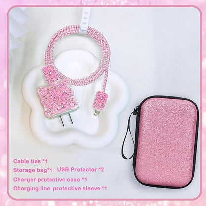 Cute Phone Charger Storage Case Set, Glitter Bling Electronic Organizer with Cable Protector, Soft Data Cable Saver, Charger Case (Pink)