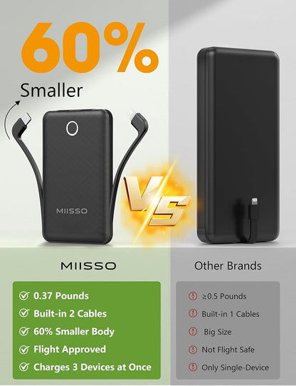 miisso 10000mAh Mini Portable Charger with Built in Cable, Pocket Size Power Bank Travel External Battery Pack for Phone, 3 Output USB Type C Cord Clutch Compatible with iPhone, Samsung, Black