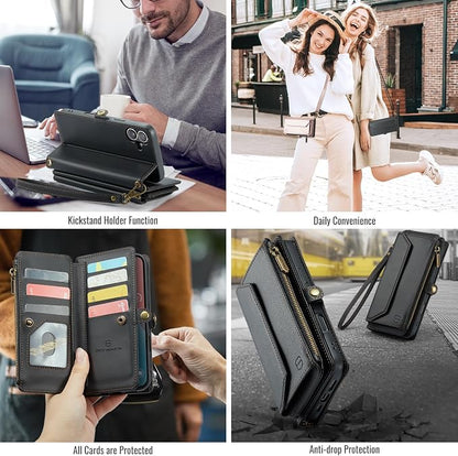 Strapurs Wallet Case Compatible with iPhone 16 Plus 6.7" RFID Blocking 10-Card Holder Soft PU Leather Magnetic Snap Shoulder Strap Zipper Pocket Phone Case Fit for iPhone 16 Plus - Black