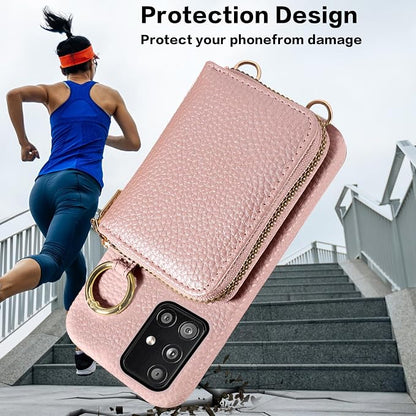 Wallet Case for Samsung Galaxy A51 5G/A 51 5G UW Verizon & Shoulder Strap Ring Buckle PU Leather Zipper Flip Organ Purse Credit Card Holder Stand Full Body Phone Cover for 51A G5 S51 Rose Gold