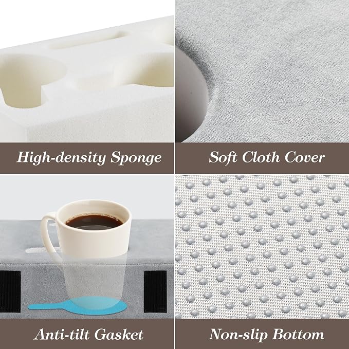 Luxspire Couch Cup Holder, Couch Caddy with 8 Holes and Side Pocket, Couch Cup Holder Tray for iPad/Drinks/Remote Control/Snacks Holder, Gray