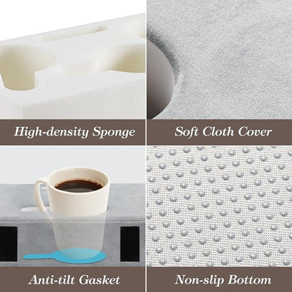 Luxspire Couch Cup Holder, Couch Caddy with 8 Holes and Side Pocket, Couch Cup Holder Tray for iPad/Drinks/Remote Control/Snacks Holder, Gray