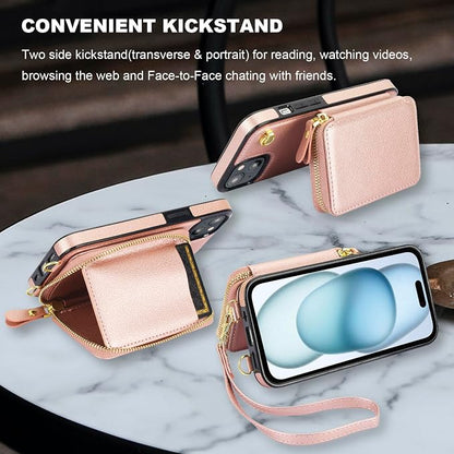 Bocasal for MagSafe Crossbody Wallet Case Compatible with iPhone 15, RFID Blocking Protective Purse Case with Card Slots Holder Kickstand Wrist Strap Lanyard Zipper 6.1 Inch 5G (Rose Gold)