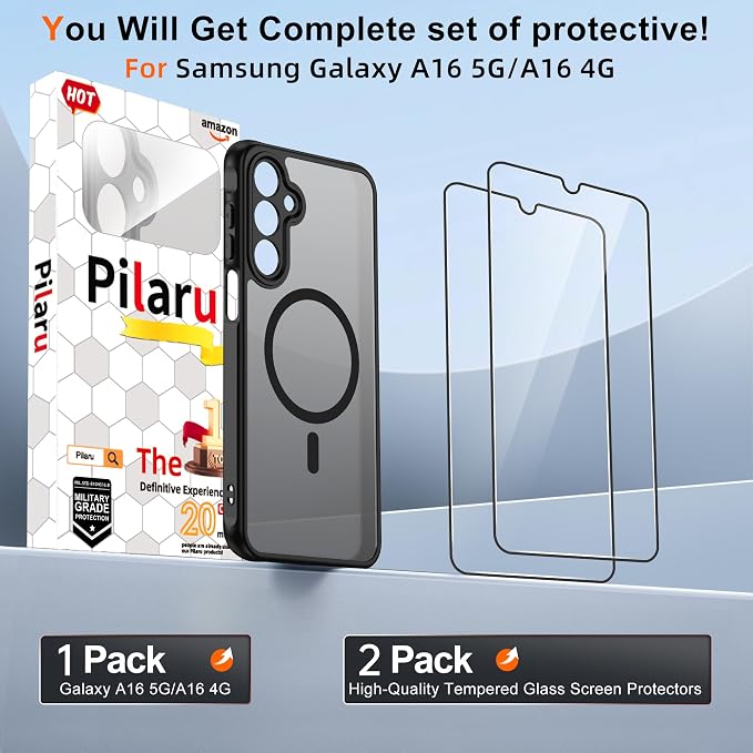 For Samsung Galaxy A16 5G Phone Case:A16 Case [Compatible with Magsafe] with 2PC Tempered Glass Screen Protector,Camera Bump Protection,Slim Frosted Translucent Soft-Touch for Galaxy A16,Matte black