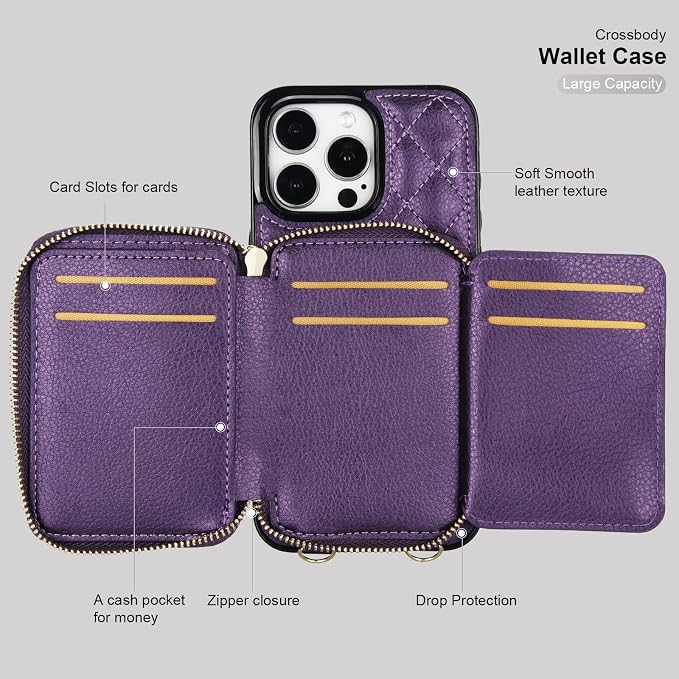 Bocasal Crossbody Wallet Case for iPhone 15 Pro Max, RFID Blocking PU Leather Zipper Handbag Purse Flip Cover, Kickstand Folio Case with Card Slots Holder Wrist Strap Lanyard 5G 6.7 Inch (Dark Purple)