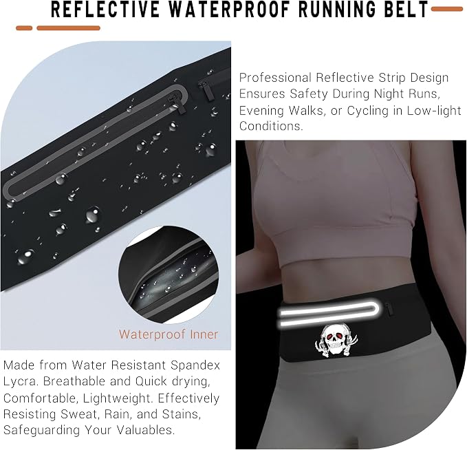 Music Skull Running Belts for Women and Men,Runner Waist fanny pack Wallet Holder,Waterproof Reflective phone holder,Cool Rock Skeleton Fitness Belt with 3 Zipper Pockets,Marathon Cycling Gear Gift