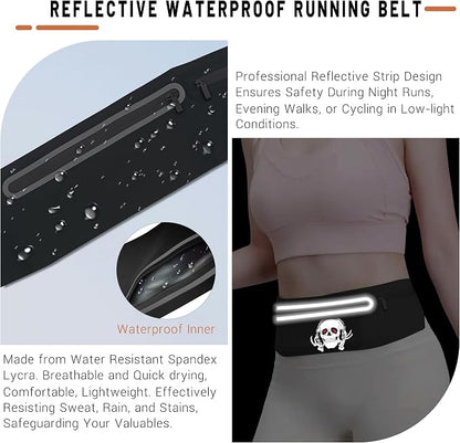 Music Skull Running Belts for Women and Men,Runner Waist fanny pack Wallet Holder,Waterproof Reflective phone holder,Cool Rock Skeleton Fitness Belt with 3 Zipper Pockets,Marathon Cycling Gear Gift