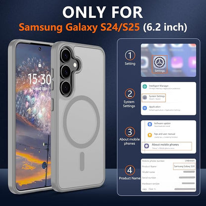 For Samsung Galaxy S24 Case & Galaxy S25 Case [Compatible with Magsafe] Translucent Matte Magnetic Phone Case,Slim Thin Duty Shockproof Protection Cover with 2pc HD Screen Protector for S24/S25-Gray
