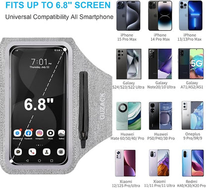 GUZACK Running Armband Case for iPhone 17/16/15/14/13 Pro Max, Galaxy S25/S24/S23/S22, Universal Cell Phone Arm Holder with Key Pocket & Card Slot, Gray