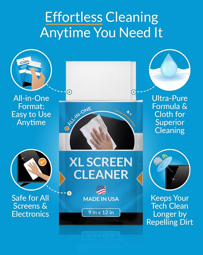 iCloth XL Screen Cleaning Wipes, Lint-Free and Streak-Free, Fast-Drying, Removes Dust, Fingerprints, and Smudges (10 XL Wipes)