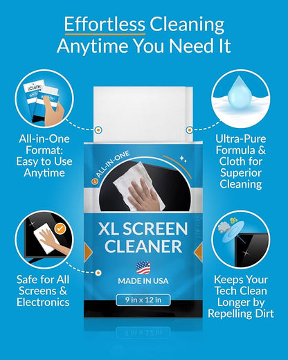iCloth XL Screen Cleaning Wipes, Lint-Free and Streak-Free, Fast-Drying, Removes Dust, Fingerprints, and Smudges (24 XL Wipes)