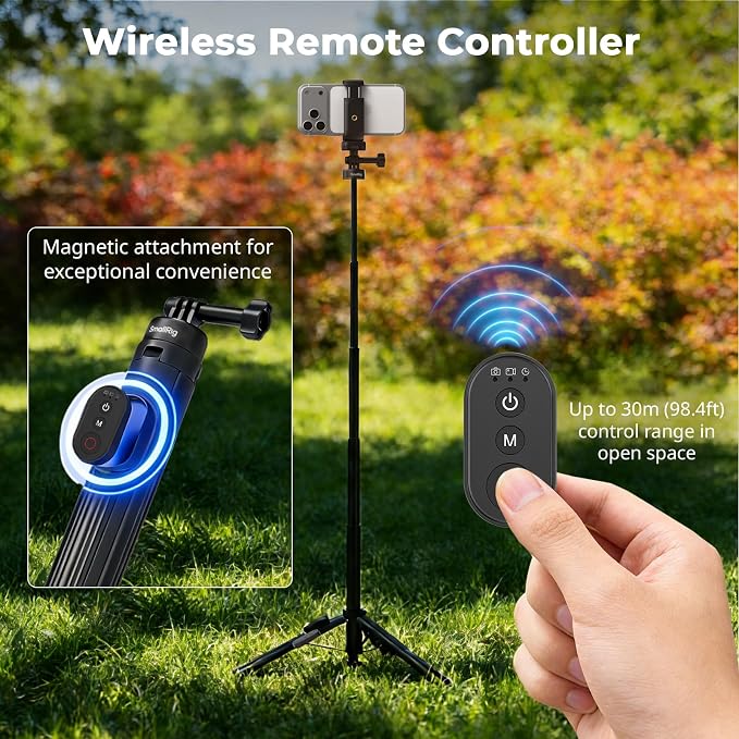 SmallRig 59" Selfie Stick Tripod with Remote & Phone Clamp, Extendable Tripod Stand for DJI Osmo Action 6/5 Pro/4, for GoPro Hero 13/12/11, for Insta360 X5/X4, for iPhone 16/15/14, for Android - 5464