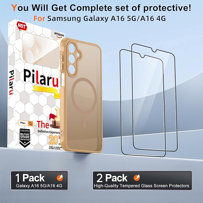 for Galaxy A16 5G Phone Case: Compatible for Samsung A16 5G Case [magsafe Fit] with 2PC Tempered Glass Screen Protector,Frosted Translucent Soft-Touch Skin & Military-Grade Protection for A 16,Gold