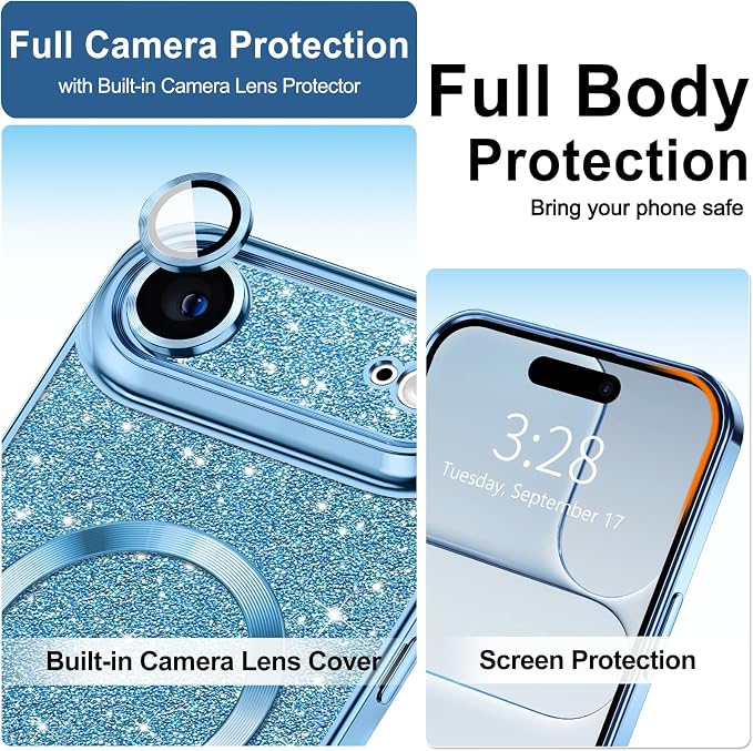 Hython for iPhone Air Case Glitter Clear Magnetic Phone Cases [Compatible with MagSafe] Full Camera Lens Protector Sparkle Luxury Plating Slim Shockproof Protective Cover Women, Light Blue