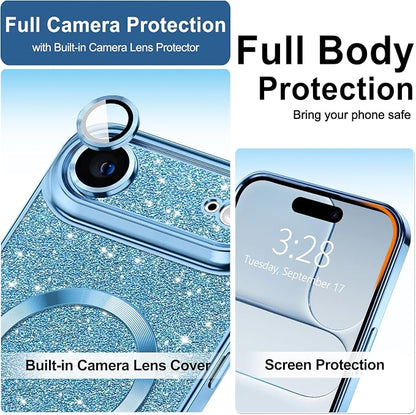 Hython for iPhone Air Case Glitter Clear Magnetic Phone Cases [Compatible with MagSafe] Full Camera Lens Protector Sparkle Luxury Plating Slim Shockproof Protective Cover Women, Light Blue