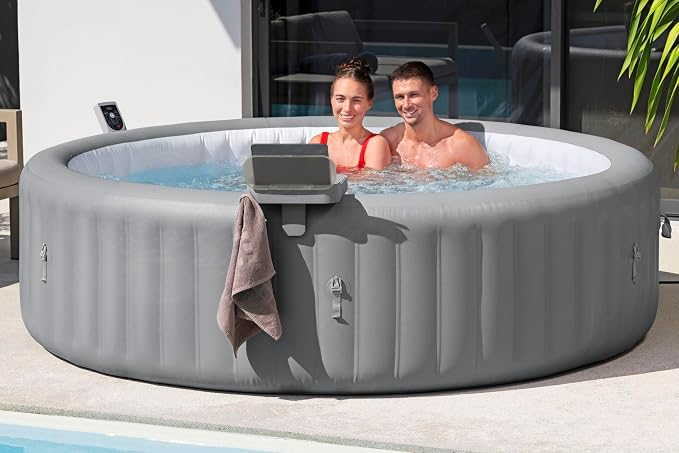 Bestway Lay-Z-Spa 4-in-1 Accessory Table for Hot Tubs, Side Tray for Tablet, Phone, Drinks and Snacks, Adjustable Universal Fit with Cup Holders, Grey