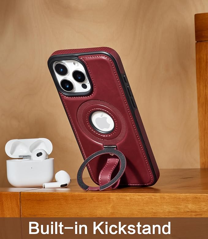 for iPhone 13 Pro Max Leather Case with Stand, Anti-Slip Grip Ring, Fits for MagSafe (Burgundy, iPhone 13 Pro Max)