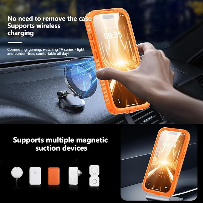 GOLDJU Magnetic for iPhone 17 Case-Waterproof, Built-in Screen & Camera Protector-IP68 Underwater Full Body 16FT Military Dropproof Shockproof Case for 17 6.3''- Orange
