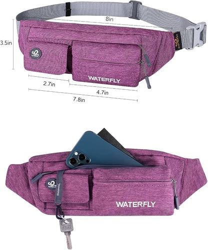 WATERFLY Fanny Pack for Women Men Water Resistant Small Waist Pouch Slim Belt Bag with 4 Pockets for Running Travelling Hiking Walking Lightweight Crossbody Chest Bag Fit All Phones