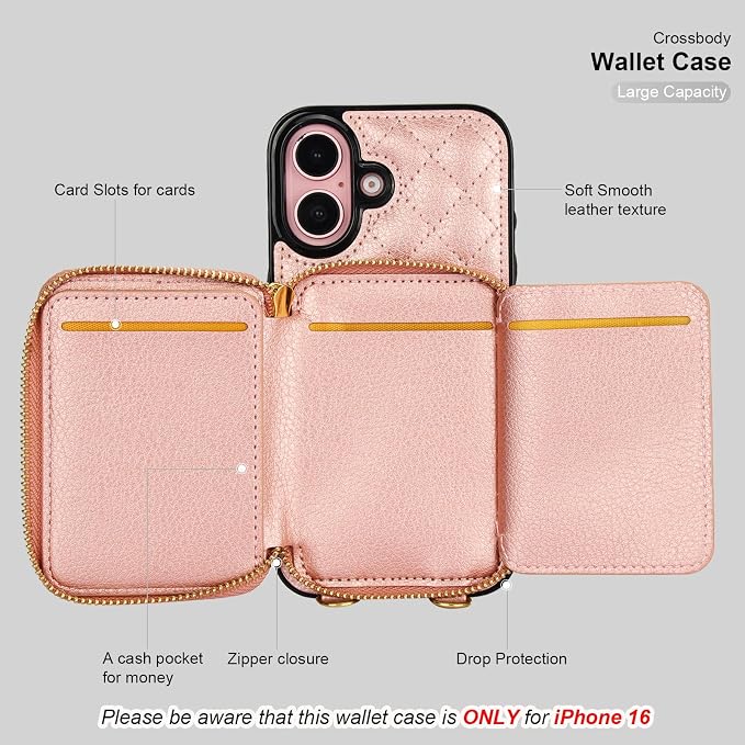Bocasal Crossbody Wallet Case for iPhone 16, RFID Blocking PU Leather Zipper Handbag Purse Flip Cover, Kickstand Folio Case with Card Slots Holder Wrist Strap Lanyard 5G 6.1 Inch (Rose Gold)
