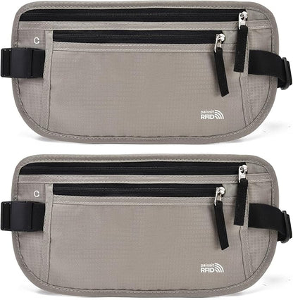 Unisex Money Belt For Men and Women, Slim Passport Holder RFID Blocking Travel Essentials Pouch with Adjustable Strap Small Waist Pouch for Workout Running Travelling Hiking, Light Grey 2 Pack