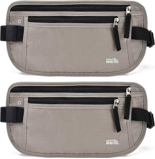 Unisex Money Belt For Men and Women, Slim Passport Holder RFID Blocking Travel Essentials Pouch with Adjustable Strap Small Waist Pouch for Workout Running Travelling Hiking, Light Grey 2 Pack