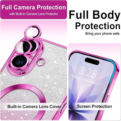 Hython for iPhone 17 Case Glitter Clear Magnetic Phone Cases [Compatible with MagSafe] Full Camera Lens Protector Sparkle Luxury Plating Slim Shockproof Protective Cover, Gradient Hot Pink