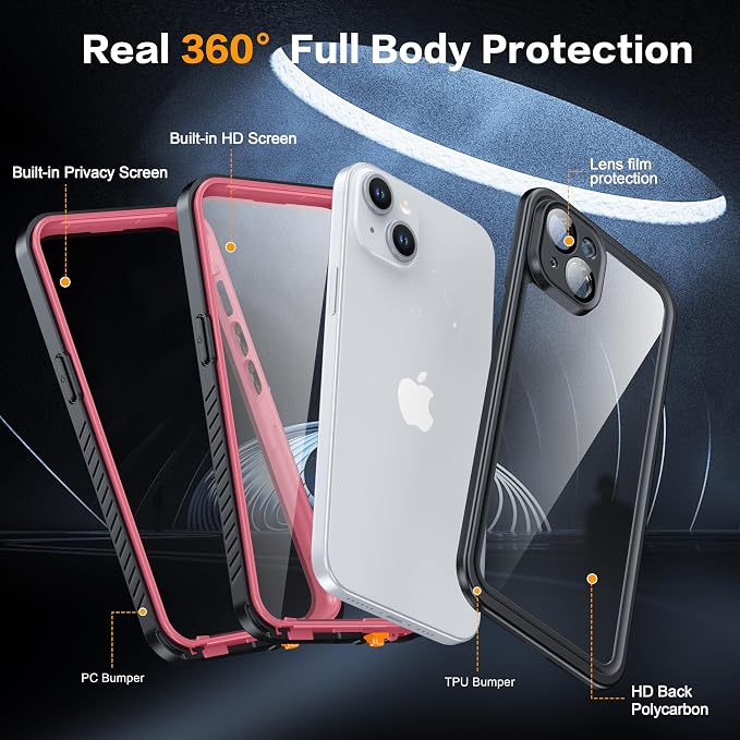 for iPhone 15 Plus Case Waterproof - Built-in Privacy Screen Protector & HD Screen Protector [IP68 Underwater] Shockproof Dustproof Full Body Protection iPhone 15 Plus Phone Case Pink