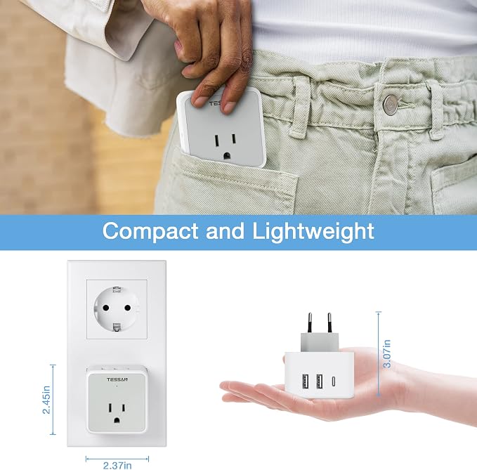 TESSAN All European UK Travel Plug Adapter Kit, International Detachable | 3 Outlets 3 USB Ports (1 USB C), Type C/G/E/F EU Ireland Power Adaptor, US to Europe Italy Spain France Greece