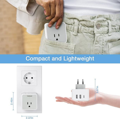 TESSAN All European UK Travel Plug Adapter Kit, International Detachable | 3 Outlets 3 USB Ports (1 USB C), Type C/G/E/F EU Ireland Power Adaptor, US to Europe Italy Spain France Greece