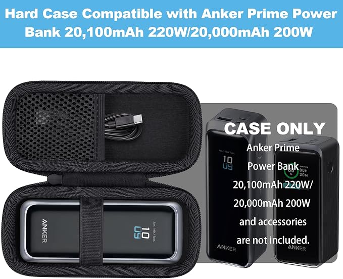 khanka Hard Travel Case for Anker Prime Power Bank, 20100mAh 220W(A110B) /20000mAh,200W(A1336),Case Only (Black)
