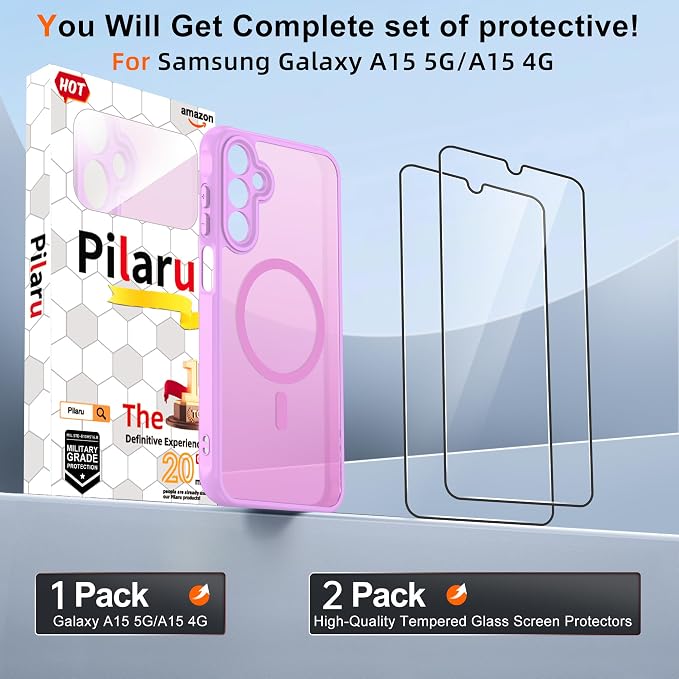 Compatible for Samsung Galaxy A15 5G Phone Case: A15 Case [Mag-Safe Fit] with 2PC Tempered Glass Screen Protector,Matte Translucent Soft-Touch Skin/Full Body Protection for Cell Phone A 15 Cover,Pink